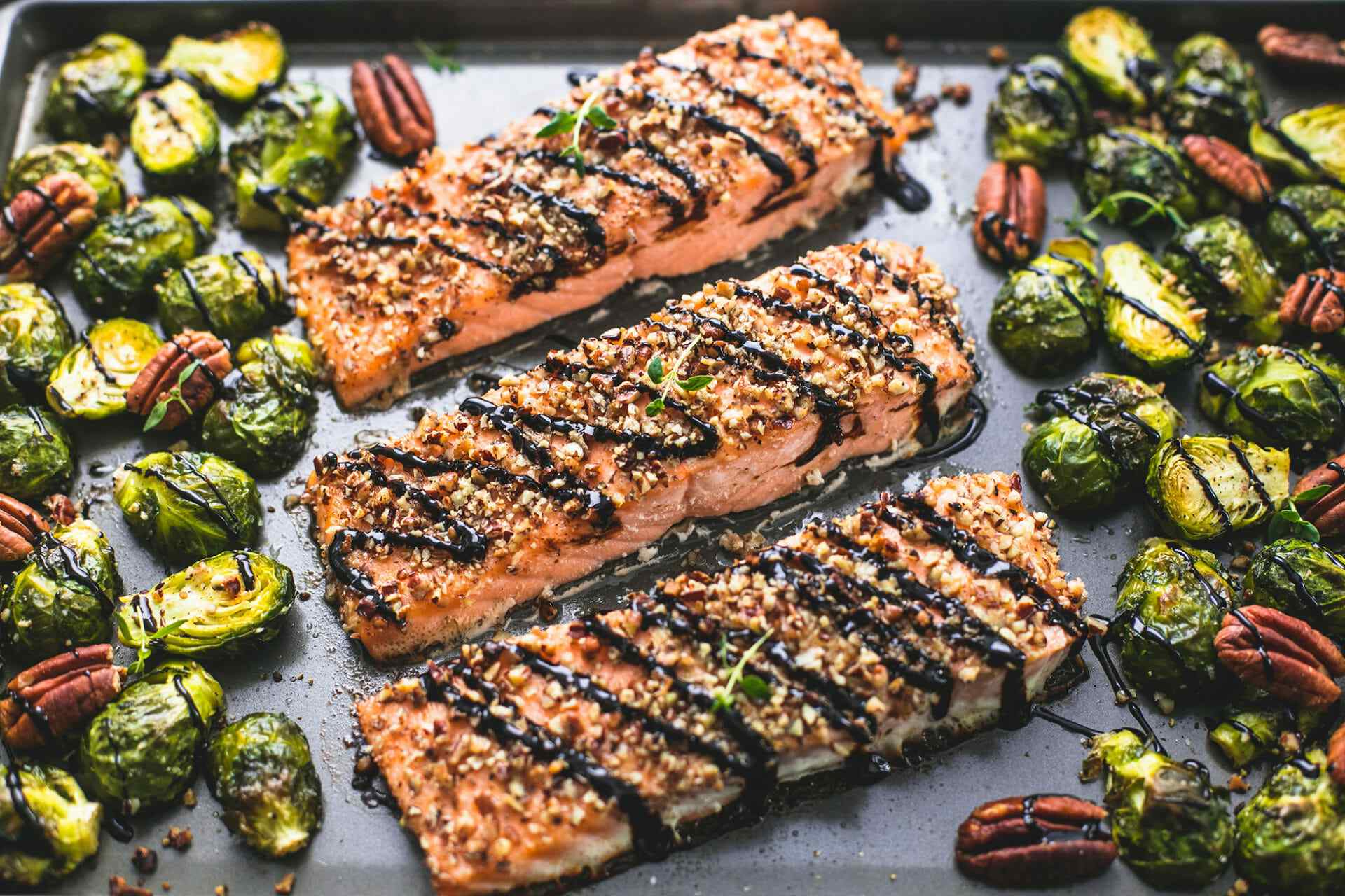 Sheet Pan Pecan-Crusted Salmon with Brussels Sprouts