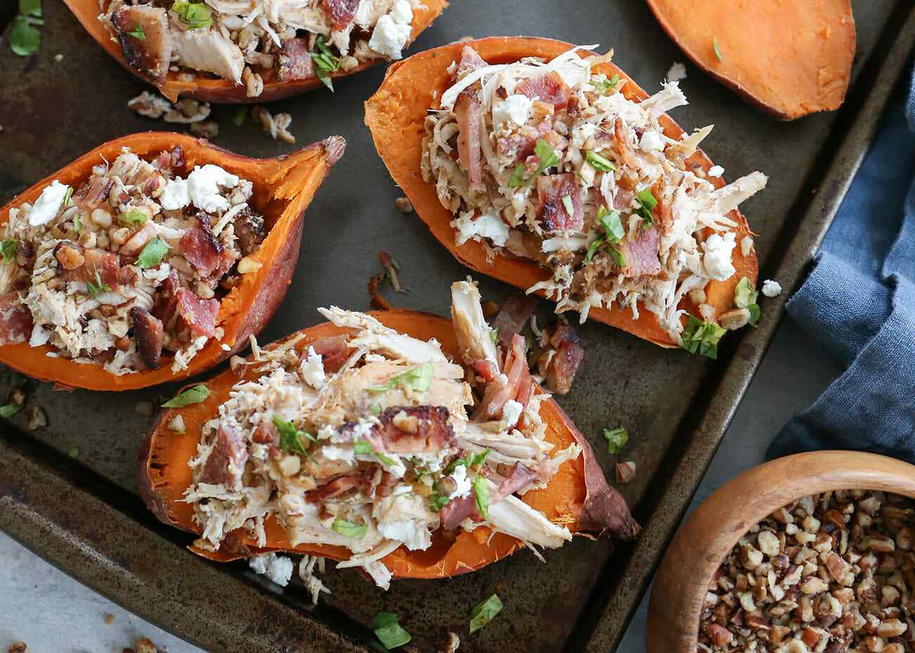 Loaded Sweet Potato Skins with Pecans