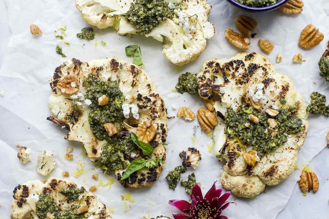 Grilled Cauliflower Slices with Pecan Basil Pesto – American Pecans